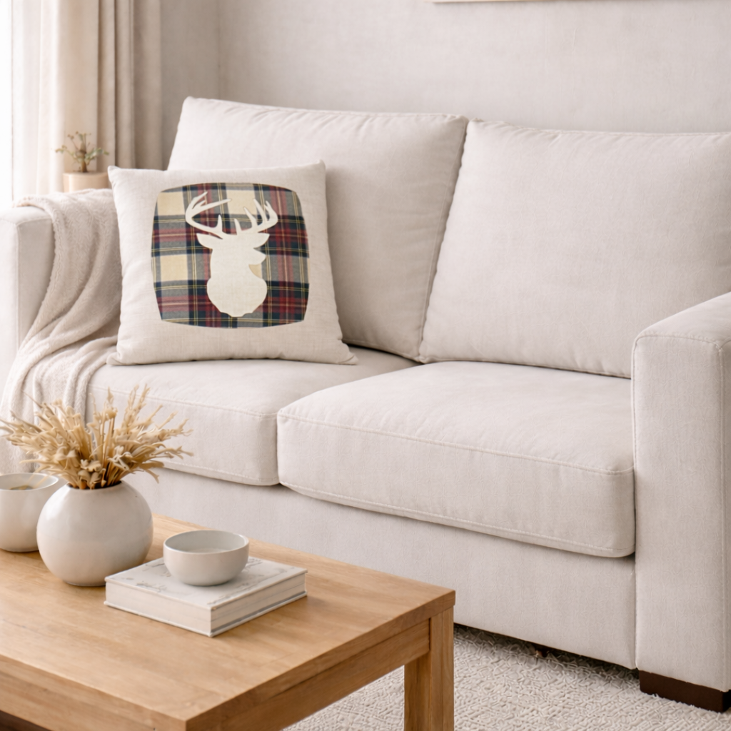 Square Linen Cushion with Royal Sewart Muted Tartan Stag