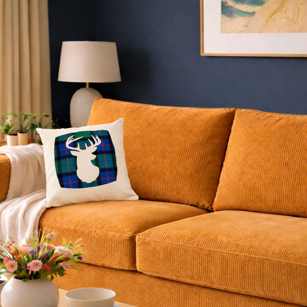 Square Linen Cushion with Flower of Scotland Tartan Stag