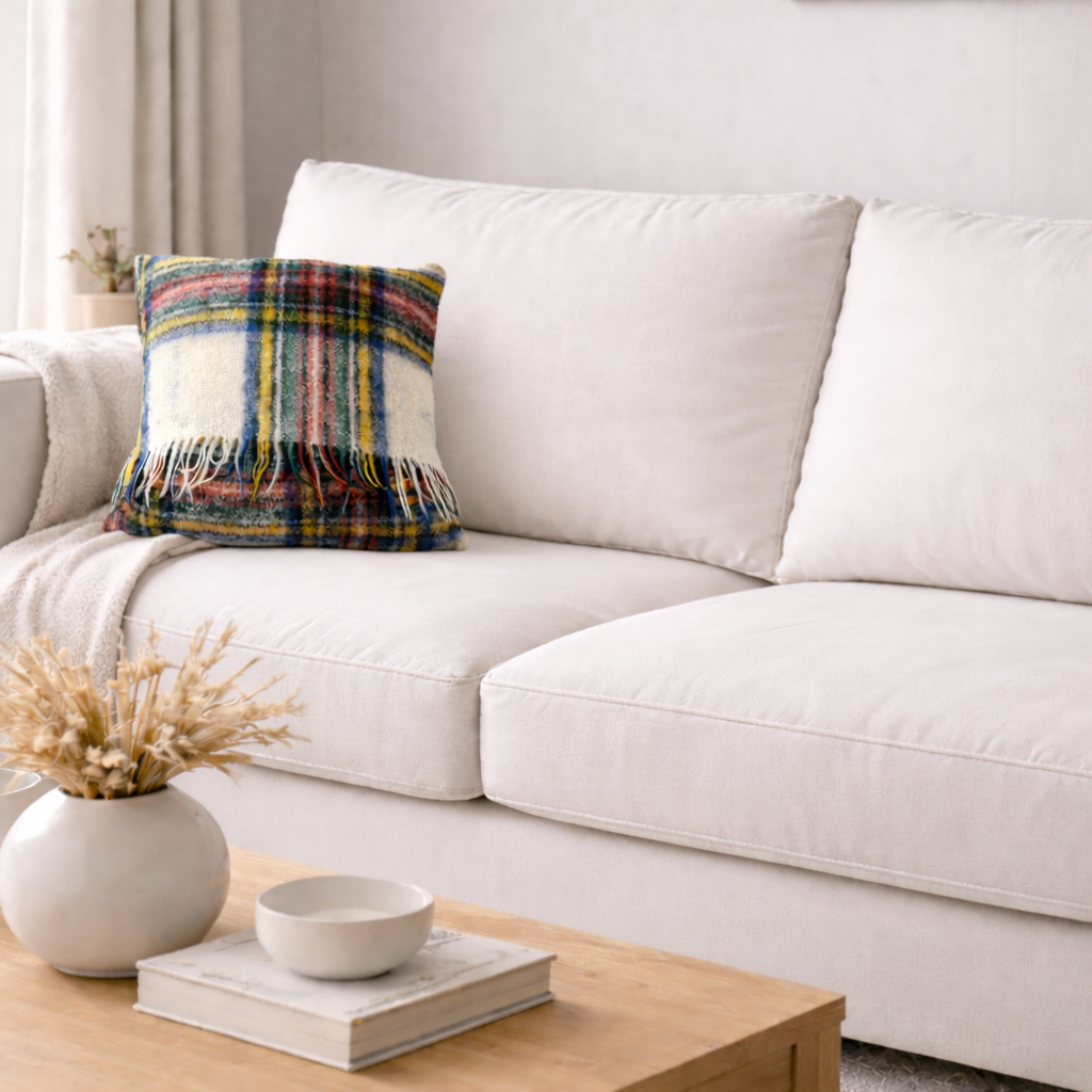 Square, Pure Mohair Blanket Cushion in Dress Stewart tartan.