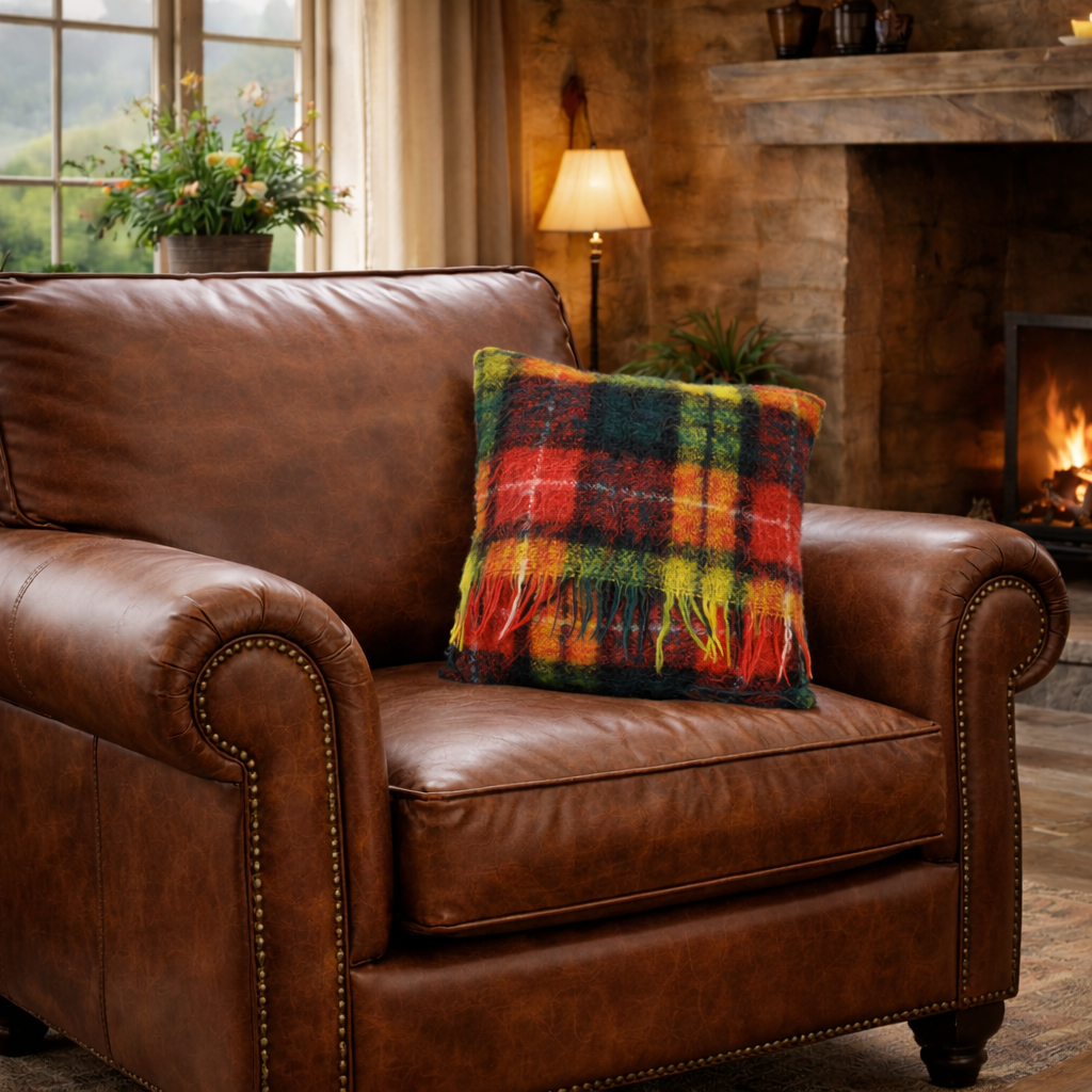 Square, Pure Mohair Blanket Cushion in Buchanan tartan.