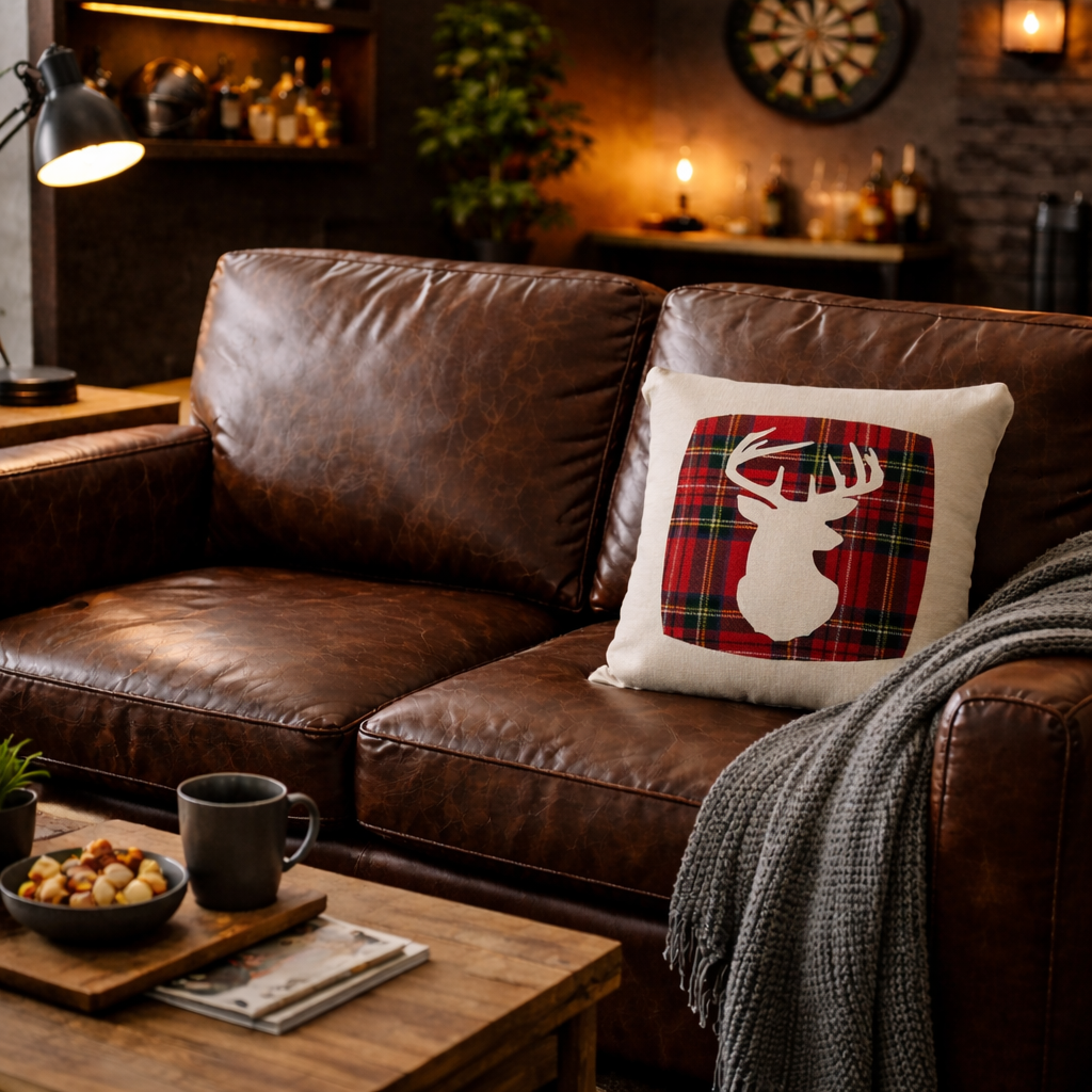 Square Linen Cushion with Royal Stewart Tartan Stag
