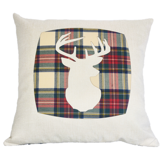 Square Linen Cushion with Royal Sewart Muted Tartan Stag
