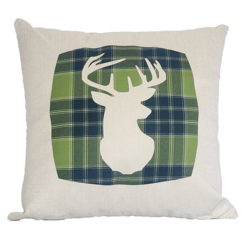 Square Linen Cushion with Bright Green Tartan Stag
