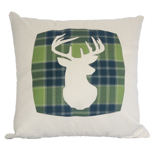Square Linen Cushion with Bright Green Tartan Stag