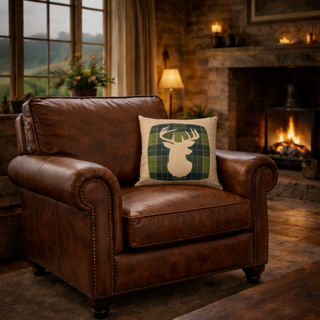 Square Linen Cushion with Bright Green Tartan Stag