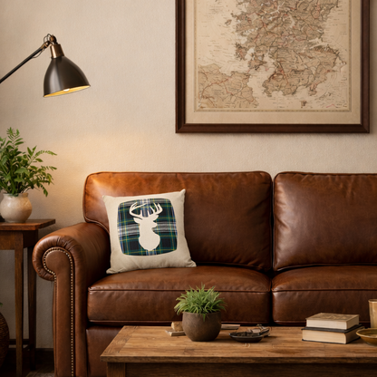 Square Linen Cushion with Gordon Tartan Stag