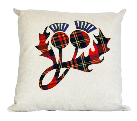 Square Linen Cushion with Royal Stewart Tartan Thistle