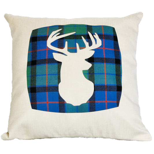 Square Linen Cushion with Flower of Scotland Tartan Stag