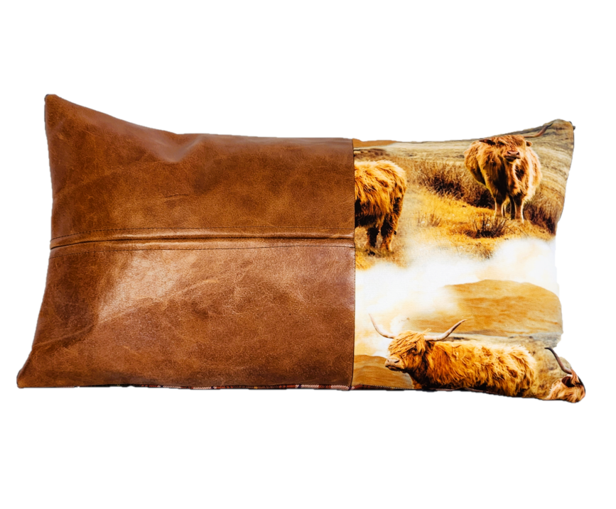Tartan & Leather Lumbar Cushion with Highland Cow Print