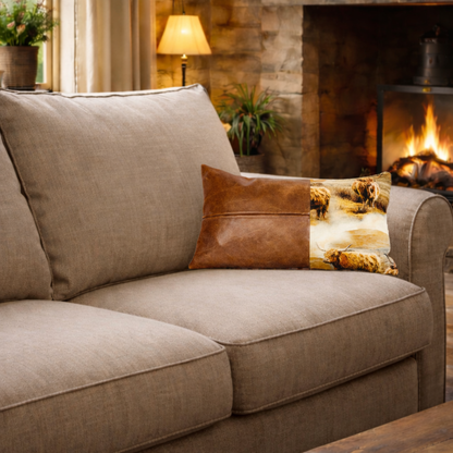 Tartan & Leather Lumbar Cushion with Highland Cow Print