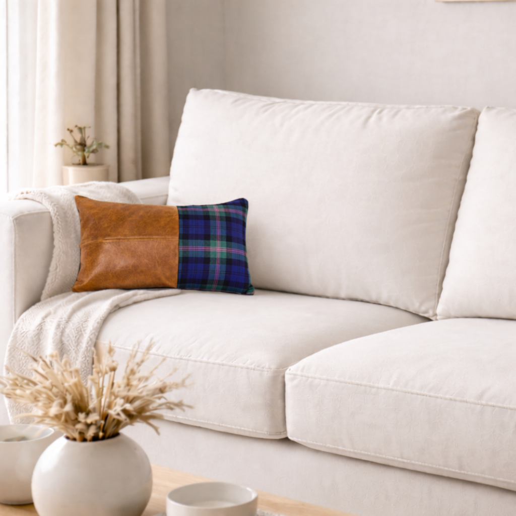 Tartan & Leather Lumbar Cushion - Baird Tartan