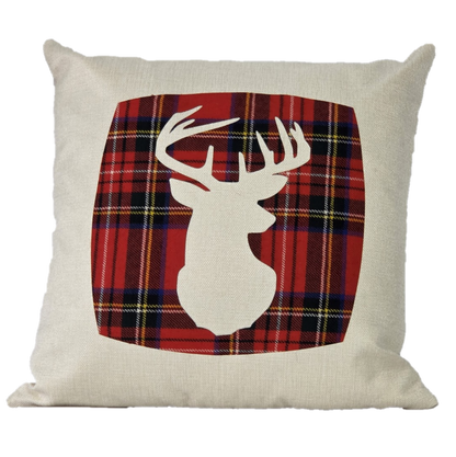 Square Linen Cushion with Royal Stewart Tartan Stag