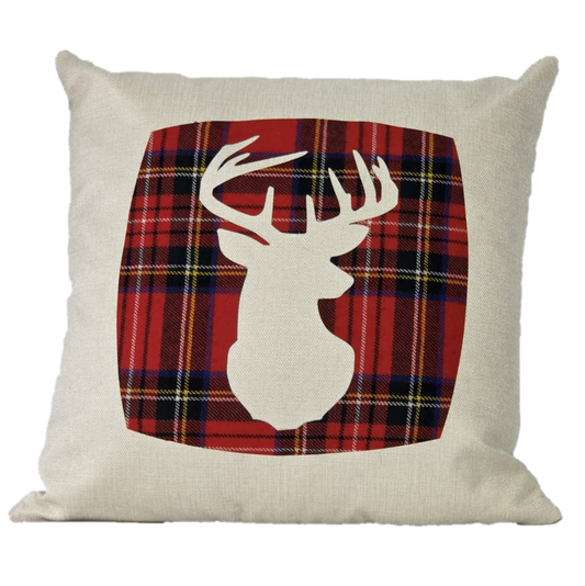 Square Linen Cushion with Royal Stewart Tartan Stag